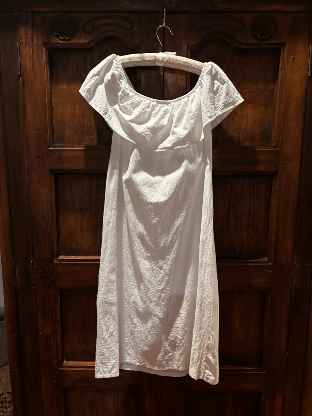 White Off-Shoulder Maxi Dress with Ruffle Yoke, linen, simple, beach